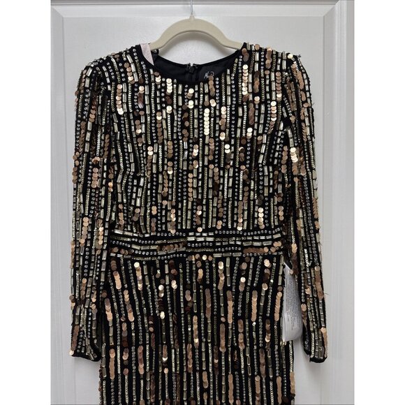 Mac Duggal Size 4 Black Gold 93590 Sequin Beaded Long Sleeve Cocktail Midi Dress - Picture 5 of 9